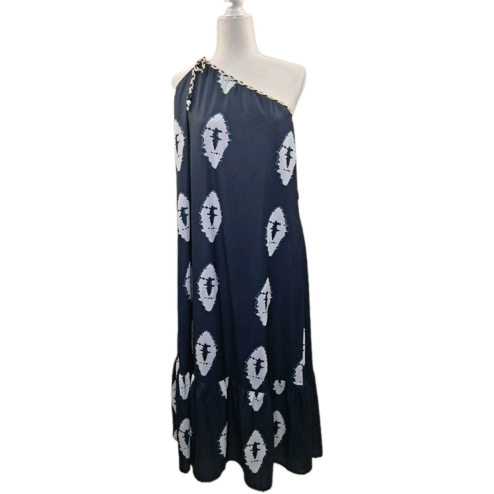Boutique One Shoulder Navy White Ikat Print Midi Maxi Dress Pockets Boho Resort